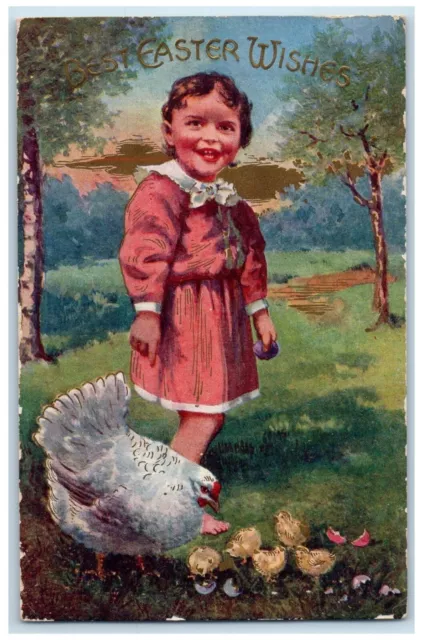 1911 Easter Wishes Girl Chicken Hen Chicks Embossed Marshallton DE Postcard