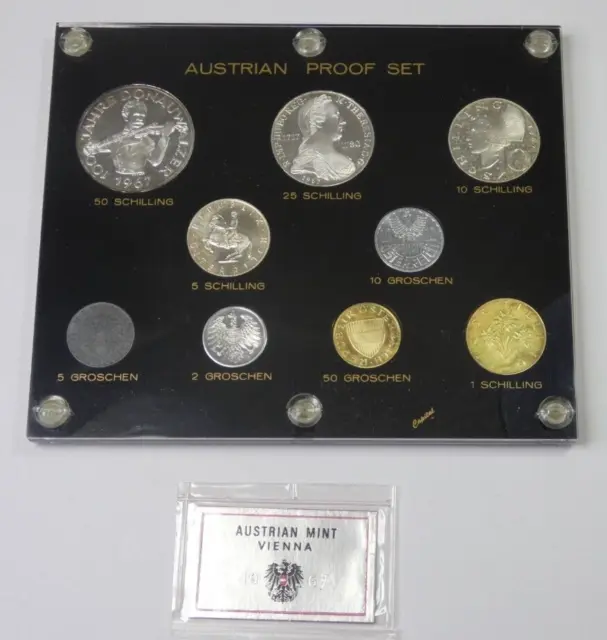 1967 Austria 9 Coin Proof Set Austria Mint Vienna Silver Schillings, 2 Groschen