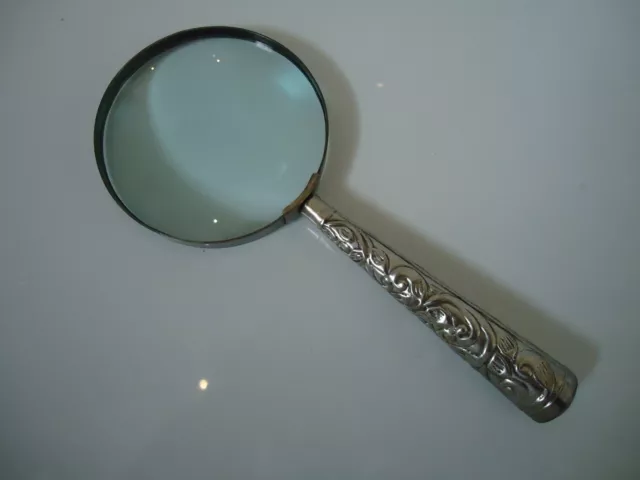 Large Magnifying Glass Embossed Silver finish Handle Vintage Style Nice Gift