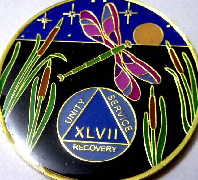 Moneda Medallón de 47 Años Alcohólicos Anónimos Oro Negro Azul DragonFly