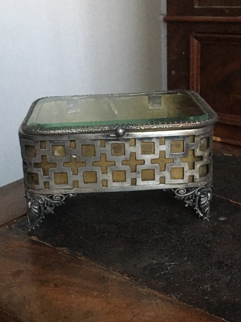 Ancienne Boîte à Bijoux En Métal Avec Verre Biseauté - Occasion - Bon État - Vintage