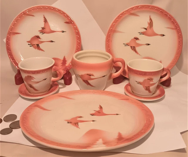 8pcs vtg Milwaukee Road Railroad syracuse china plate demitasse cup pink geese