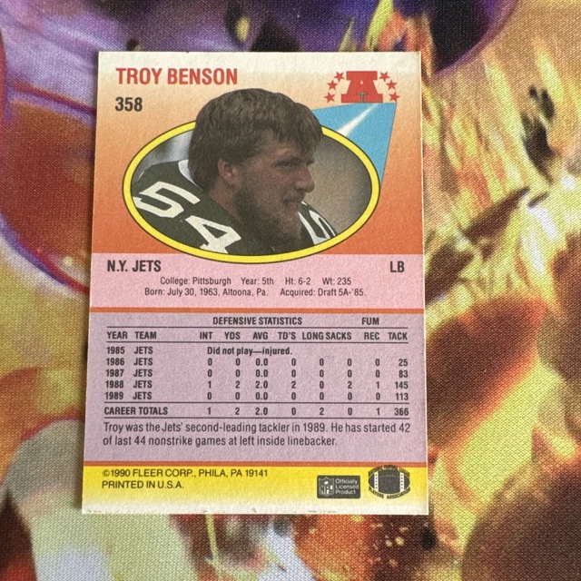 1990 FLEER FOOTBALL Troy Benson 358 Jets de New York comme neuf dans son emballage EUR 1,38