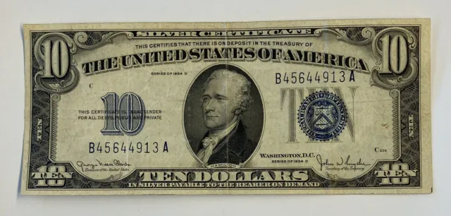Series of 1934 D $10 Dollar Silver Certificate Item# 1H