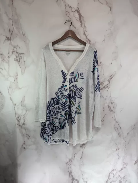 Nic + Zoe Sweater Womens XL Linen White Blue Top V Neck Cool Breeze Gauze Tunic