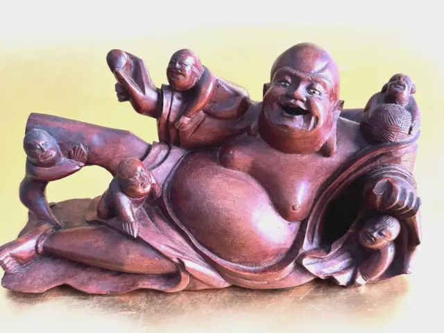 Antique/Vtg Chinese Reclined Hand carved Wood Reclined Laughing Buddha & 5 Boys