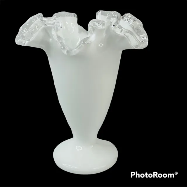 Vtg Fenton Milk Glass Silver Crest Ruffled Edge Footed Trumpet Vase 6.5" White