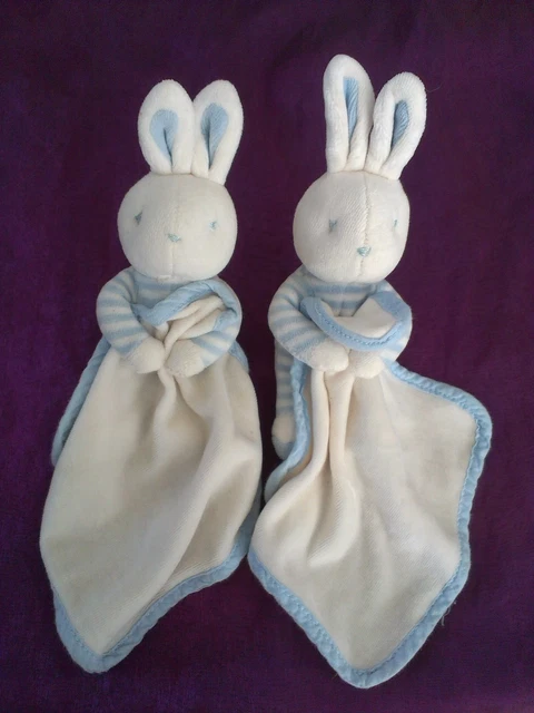 Lot 2 Peluche Doudou Lapin KLORANE Bleu Blanc Rayé Mouchoir 15 Cm Assis