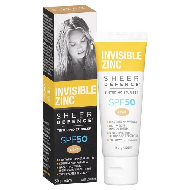 Invisible Zinc SPF 50+ Sheer Defence Tinted Moisturiser Light 50g