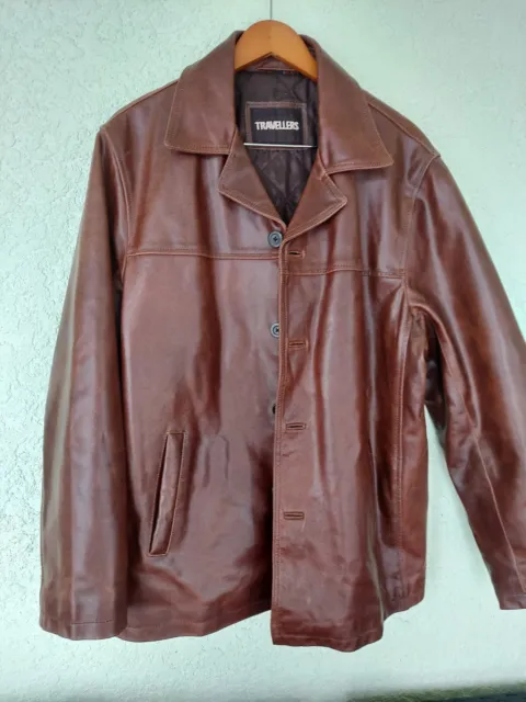 VTG Travellers Men's Leather Jacket Size Large Brown Jacket- 40"chest-32"length