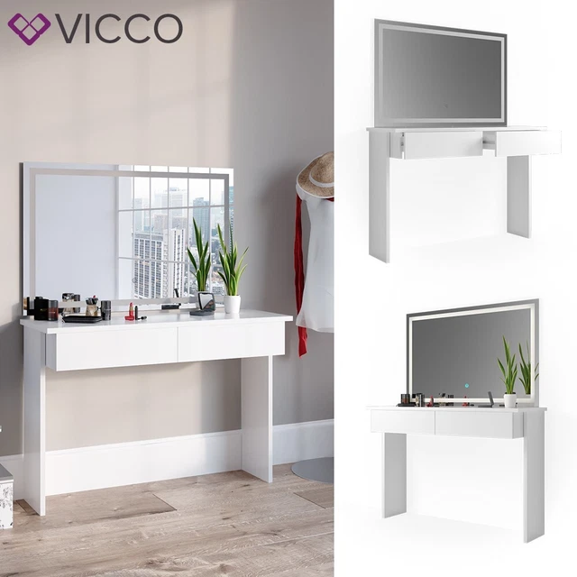 Coiffeuse Vicco Ruby Avec Miroir LED – Blanc, Argent, Rose – 3 Tiroirs – Pour Chambre
