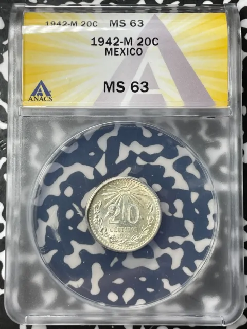 1942-M Mexico 20 Centavos ANACS MS63 Lot#AT33 Silver! Choice UNC!