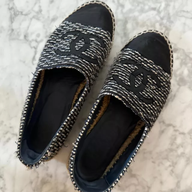 CHANEL Tweed Black, Navy & White Espadrilles Size 36 (Pre-Loved, 100% Authentic)