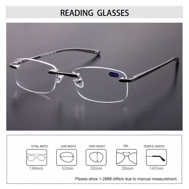 Men's Rimless Reading Glasses Gun Metal Aluminum Alloy Frame +1.00 to +3.50