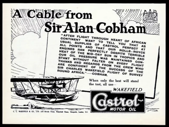 1928 Sir Alan Cobham plane flying boat art Castrol motor oil UK vintage print ad