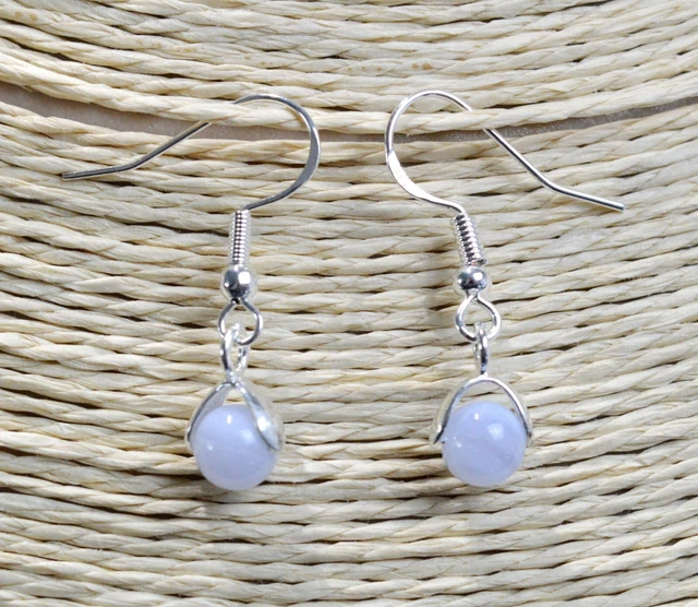 Agate "Blue lace" - Boucles d'oreilles pendante perle 6mm - argent 925