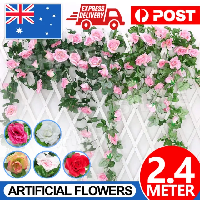 2.4M Artificial Silk Rose Flowers Fake Vine Ivy Hanging Garland Floral Wedding