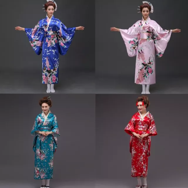 Lady Floral Japanese Kimono Satin Robe Yukata Geisha Costume Show Cosplay Soft 6