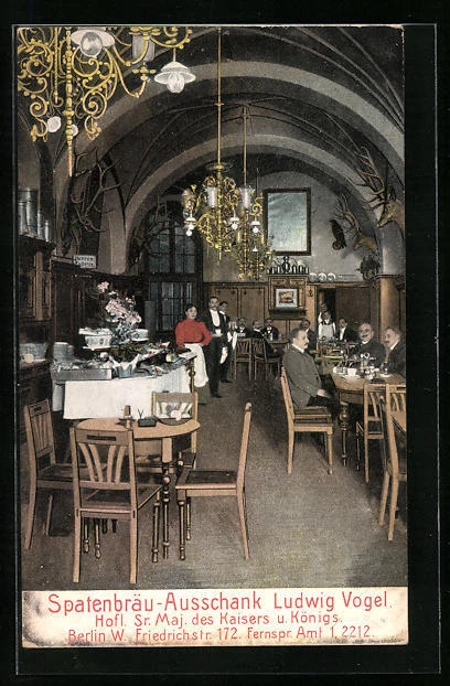 Postcard Berlin, Gasthaus Spatenbräu dispenser Ludwig Vogel, Friedrichstr. 172, Interior