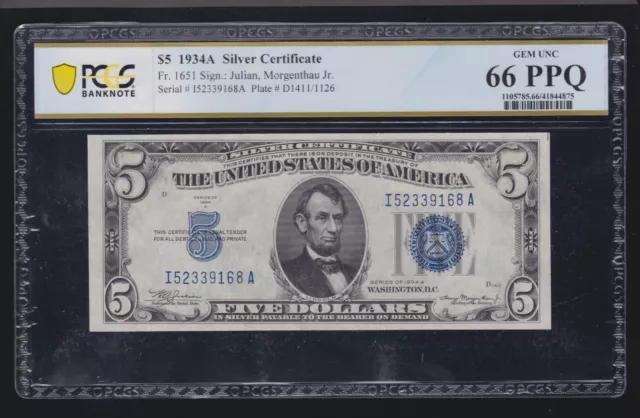 US 1934A $5 Silver Certificate FR 1651 PCGS 66 PPQ  (168) 1 of 2 Consecutive