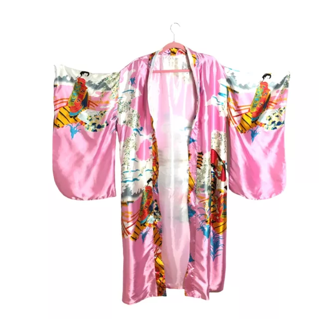 Japanese Silk Kimono XL Robe Geisha on Ornamental Garden Bridge Print Pink Long