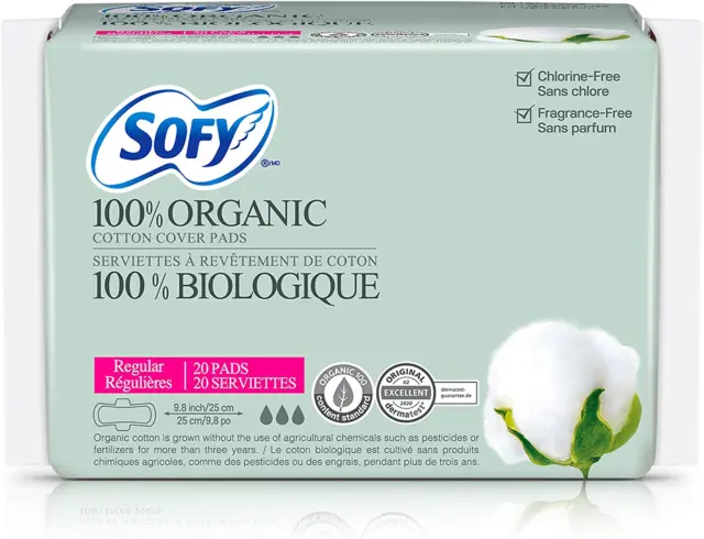 Almohadillas sanitarias Sofy de algodón orgánico para mujer - Serpientes sanitarias regulares, 20 unidades