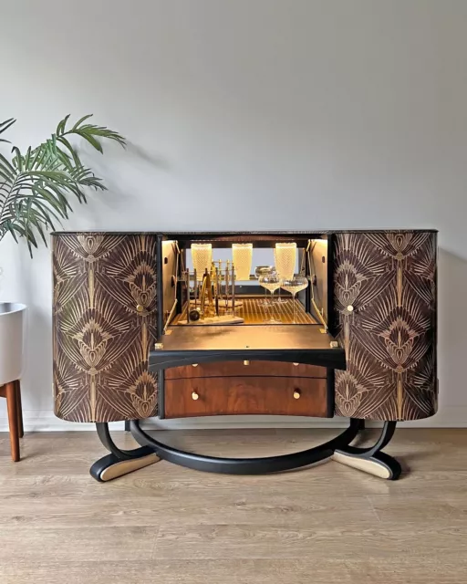 Art Deco Beautility Walnut Black & Gold Cocktail Drinks Cabinet