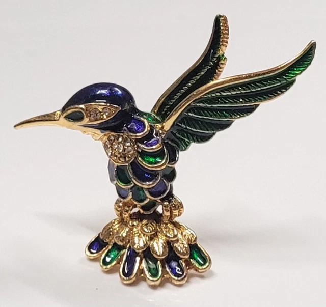 Grande Broche Vintage En Émaux Cloisonnés Sur Métal Argenté - Motif Oiseaux Et Fleurs - Occasion