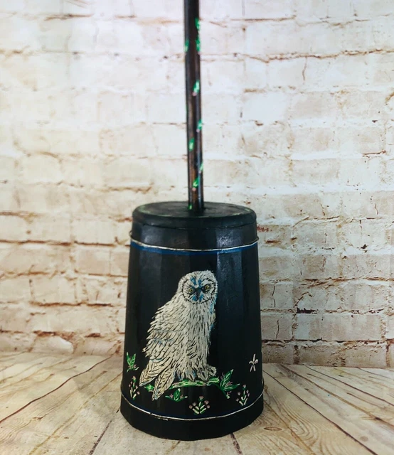 vtg HandMade Wood Butter Churn Hand Painted owl MCM farmhouse country decor