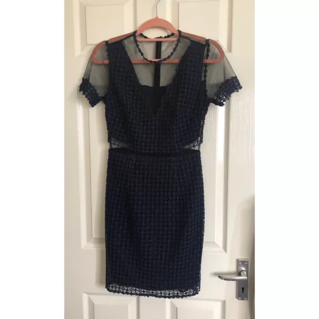 ASOS Lost Ink Navy Blue Broderie Mini Dress With Sheer Mesh Inserts Size 10