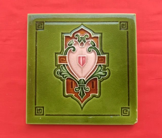 1 Piece Old Art Embossed Design Majolica Ceramic Tiles England 0231