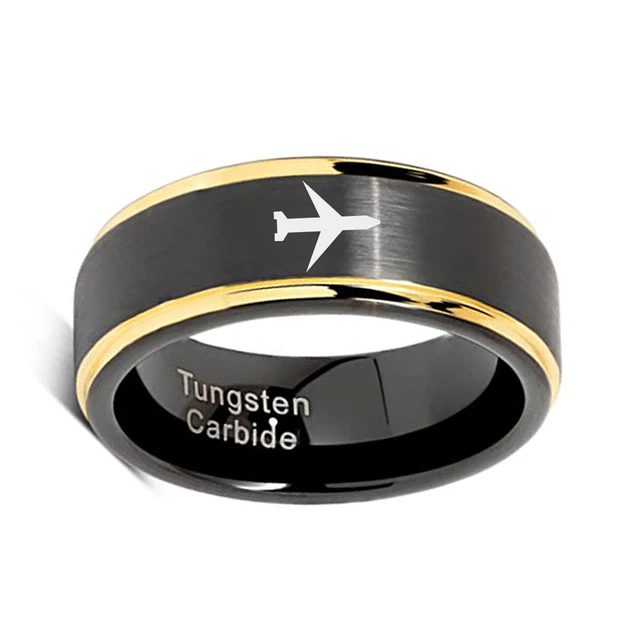 Personalized Airplane Aircraft Tungsten Men's Wedding Ring Gold Step Edge Pilot