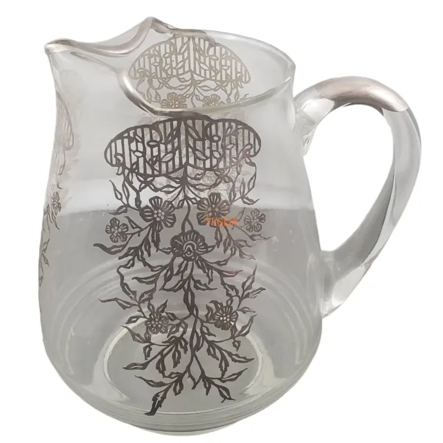 Vintage Sterling Silver Floral Overlay Clear Glass Pitcher With Ice Lip 7.5"