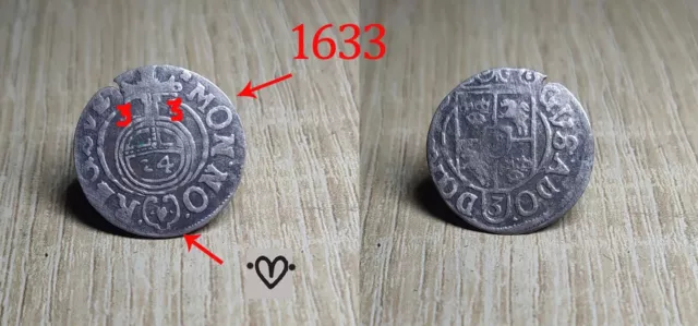 Rare Old Medieval  Silver Coin 1633 1/24 Thaler Elbing Gustav II Adolf #239