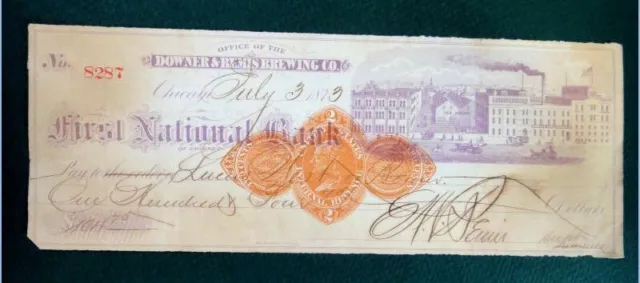 1873 antique BANK CHECK DOWNER & BEMIS BREWING COMPANY chicago il