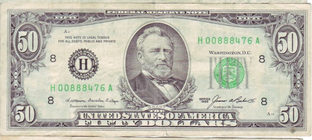1985 $50 Fifty Dollar Bill Federal Reserve Note, US Serial # H00888476A