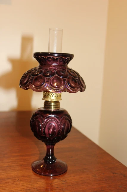 Vintage Moon & Stars Glass Miniature Oil Lamp Black Amethyst Fenton