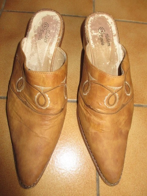 Chaussures Femme Catwalk Mules Talon Plat En Cuir Bleu Ajouré Fleur - Taille 37 - Occasion