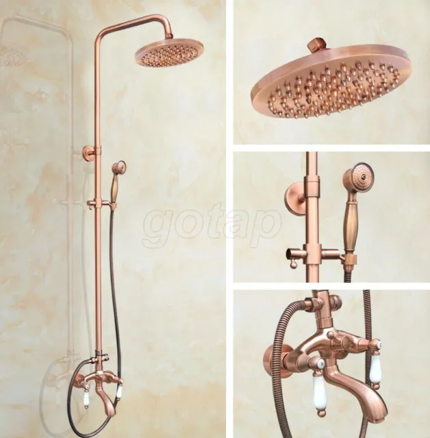 Red Copper Wall Mount Shower Faucet Set 8" Rain Head Hand Shower Tub Mixer Tap