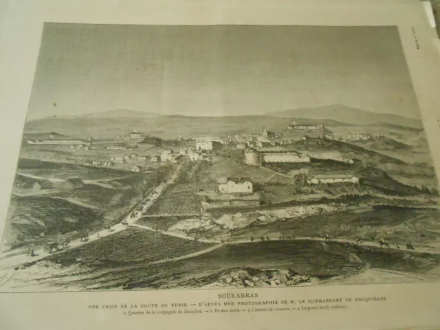 Gravure 1881 - Tunisie Soukarras vue prise de la route de Tunis