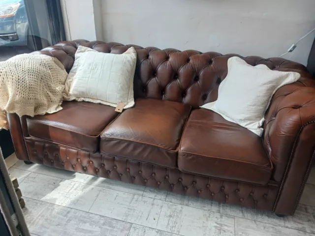 Tan leather 3 seater Chesterfield style sofa Project