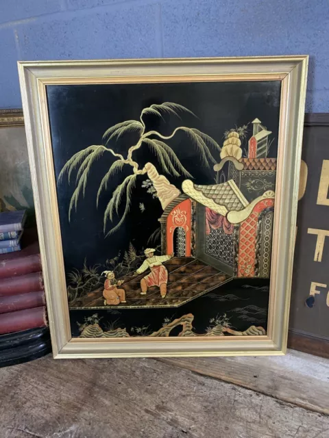 Vintage Antique Black Gold Lacquered Chinoiserie Painting Wall Art Panel Chinese