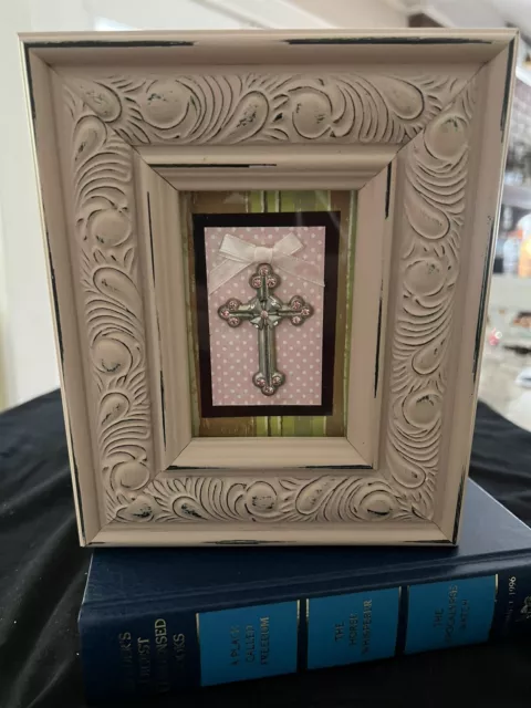 Pink Wood Frame Photo Album With Jeweled Cross Keepsake Gift 30 5X7 Pages