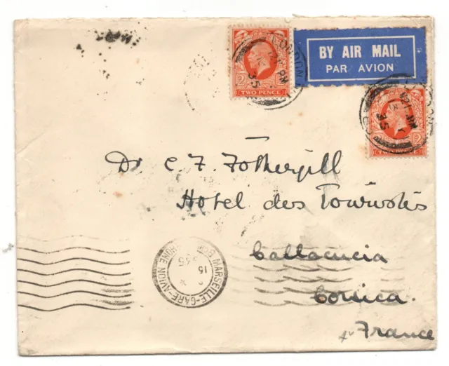 GB KGV 1935 Air Mail Cover to Corsica via Marseille WS34195