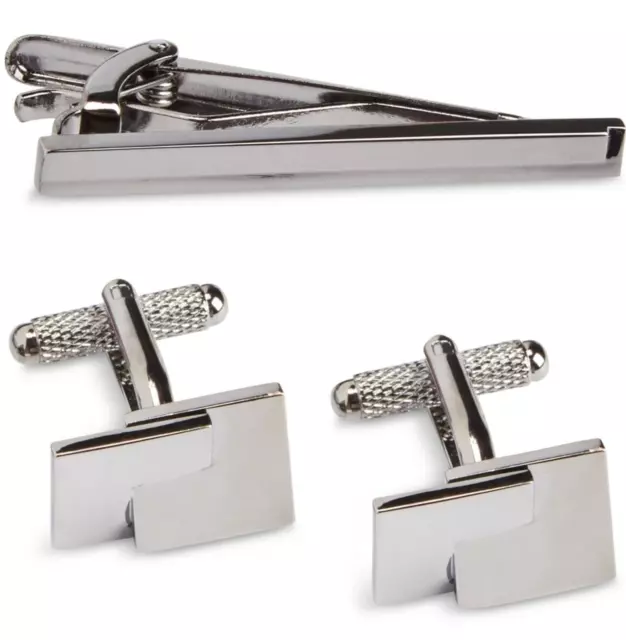 Designer Cuff Links & Tie Bar Clip CuffLinks Tie Pin Gift Set Gun Metal & Silver