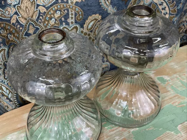 Antique Vtg Glass Oil Lamp PAIR Victorian Art Deco Ribbed Swirl EAPG Clear Set 2