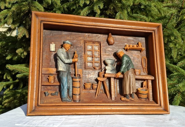 TABLEAU SCULPTÉ BOIS en relief signé C.A. Morand