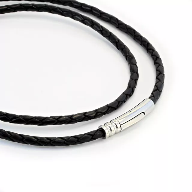 Mens Leather Necklace With Stainless Steel Clasp-Genuine 4mm Black Braided Cord