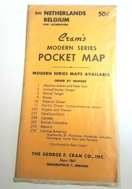 Vintage 1950's Cram's Modern Series Pocket Map Netherlands Belgium NO 341
