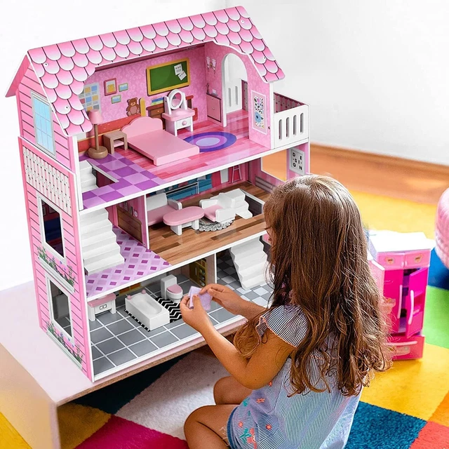 WOODEN DOLLS HOUSE Furniture Large Dollhouse Playset for Kids Role Play